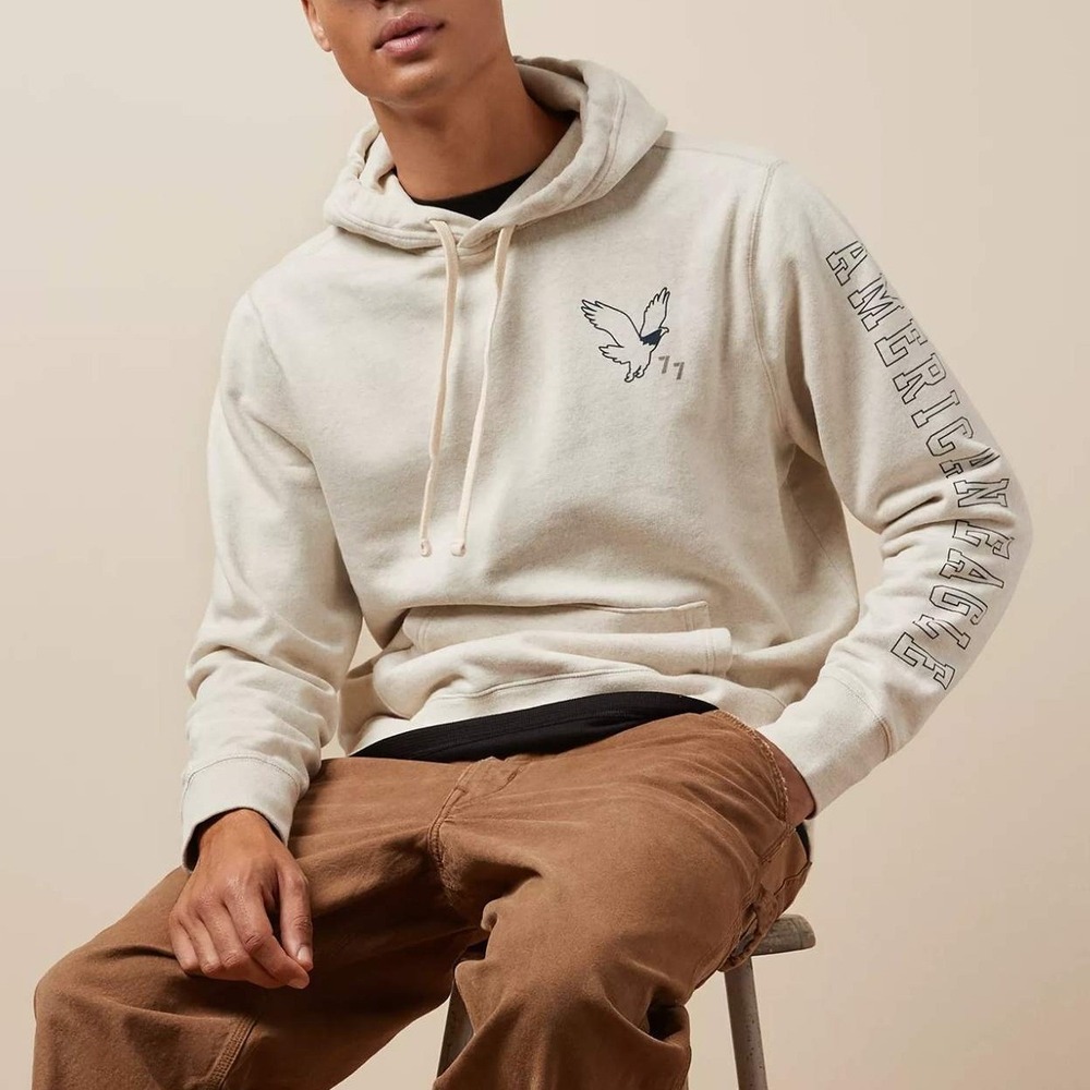 American Eagle Logo Pullover Hoodie Mens Small‎ Cream Oatmeal Drawstring Pockets
